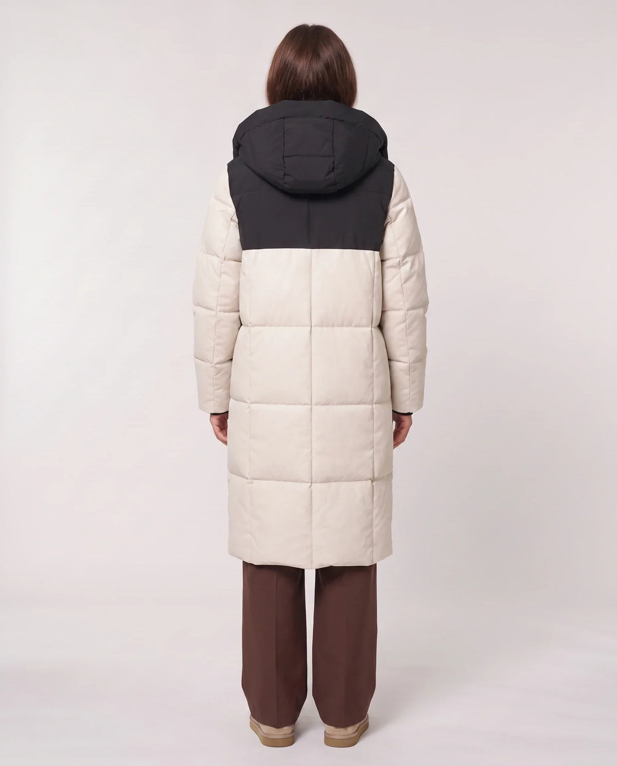 Long Two-Tone Puffer Jacket with Large Squares