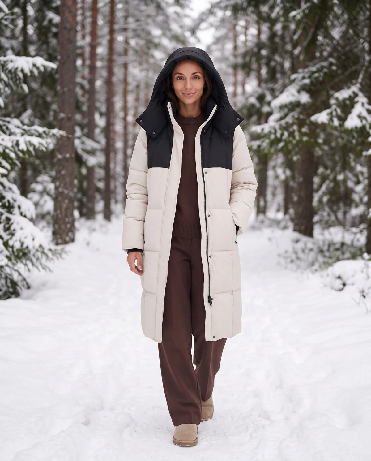 Long Two-Tone Puffer Jacket with Large Squares