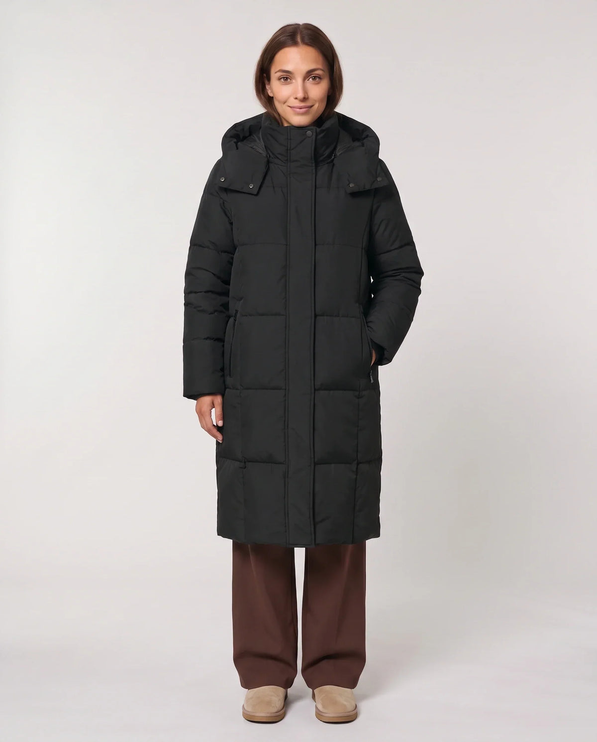 Long Two-Tone Puffer Jacket with Large Squares