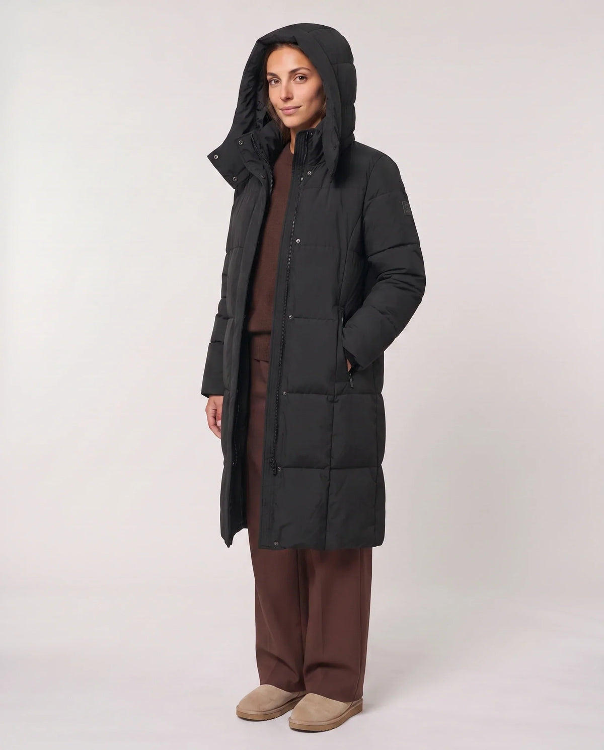 Long Two-Tone Puffer Jacket with Large Squares