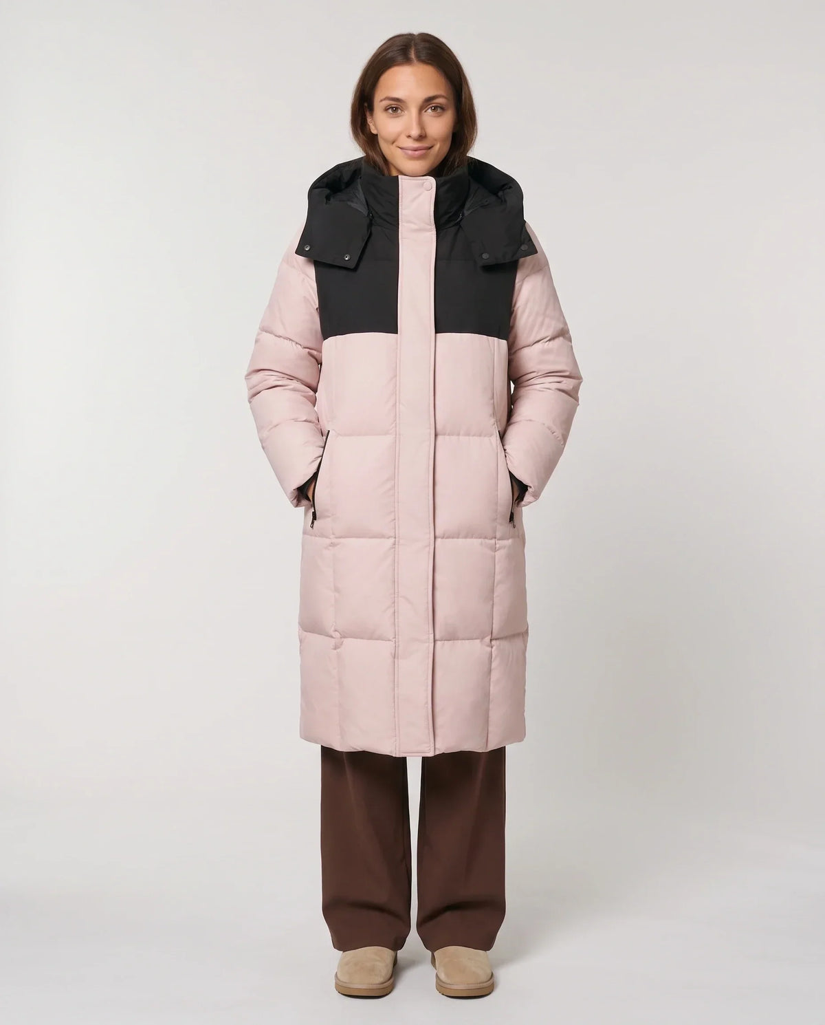 Long Two-Tone Puffer Jacket with Large Squares