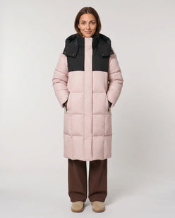 Long Two-Tone Puffer Jacket with Large Squares