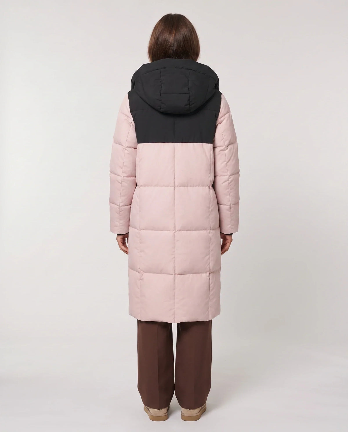Long Two-Tone Puffer Jacket with Large Squares