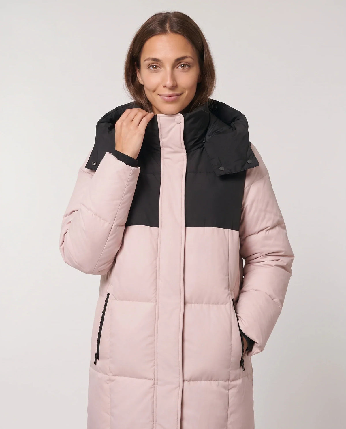 Long Two-Tone Puffer Jacket with Large Squares