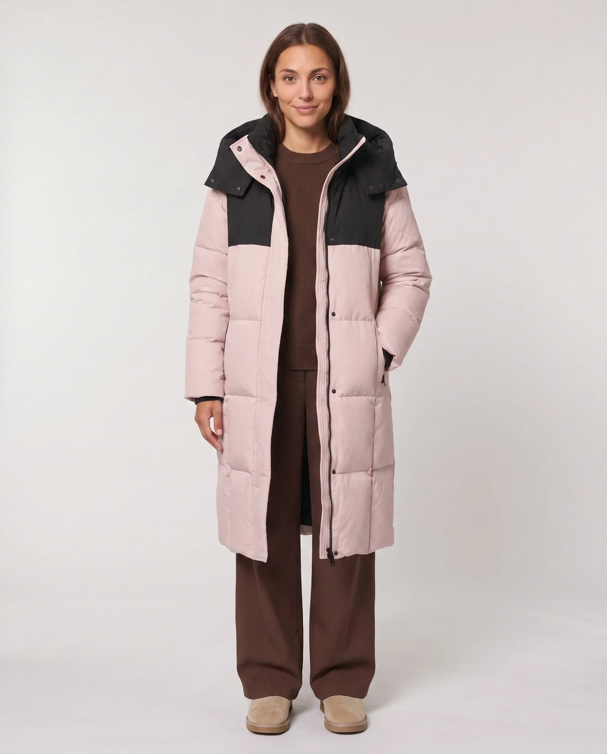 Long Two-Tone Puffer Jacket with Large Squares