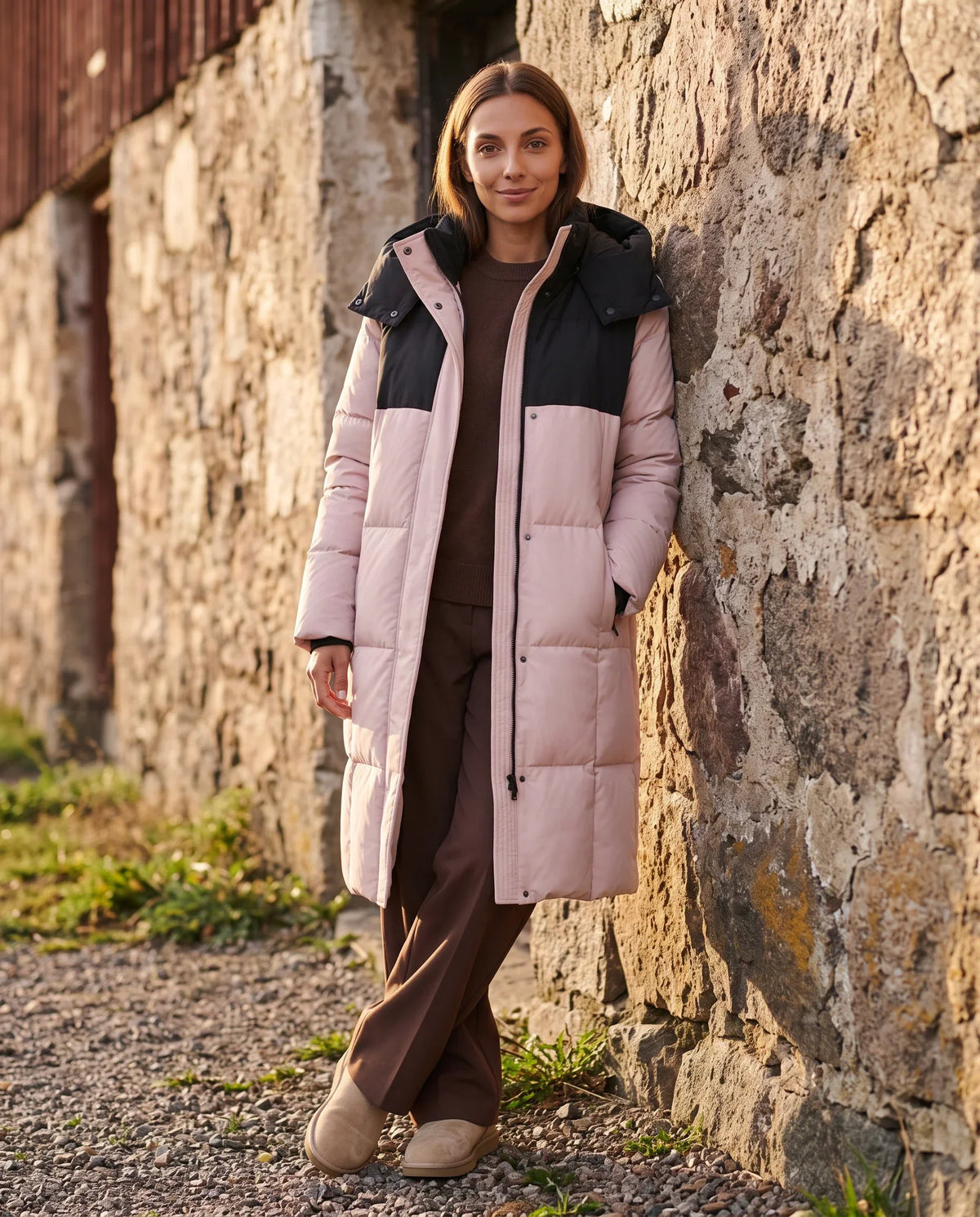Long Two-Tone Puffer Jacket with Large Squares