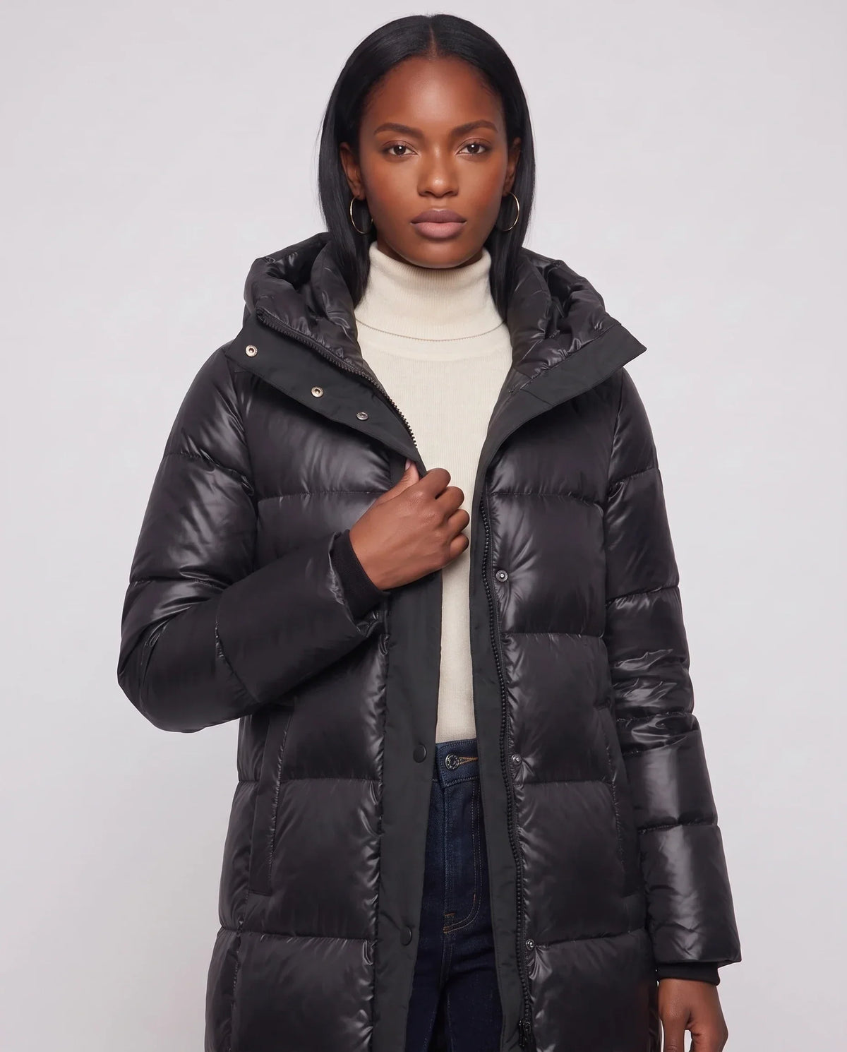 Extra-Long Shiny Hooded Puffer Jacket