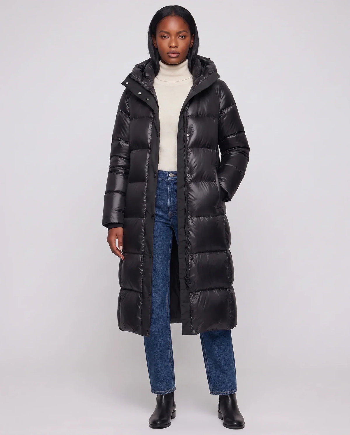 Extra-Long Shiny Hooded Puffer Jacket