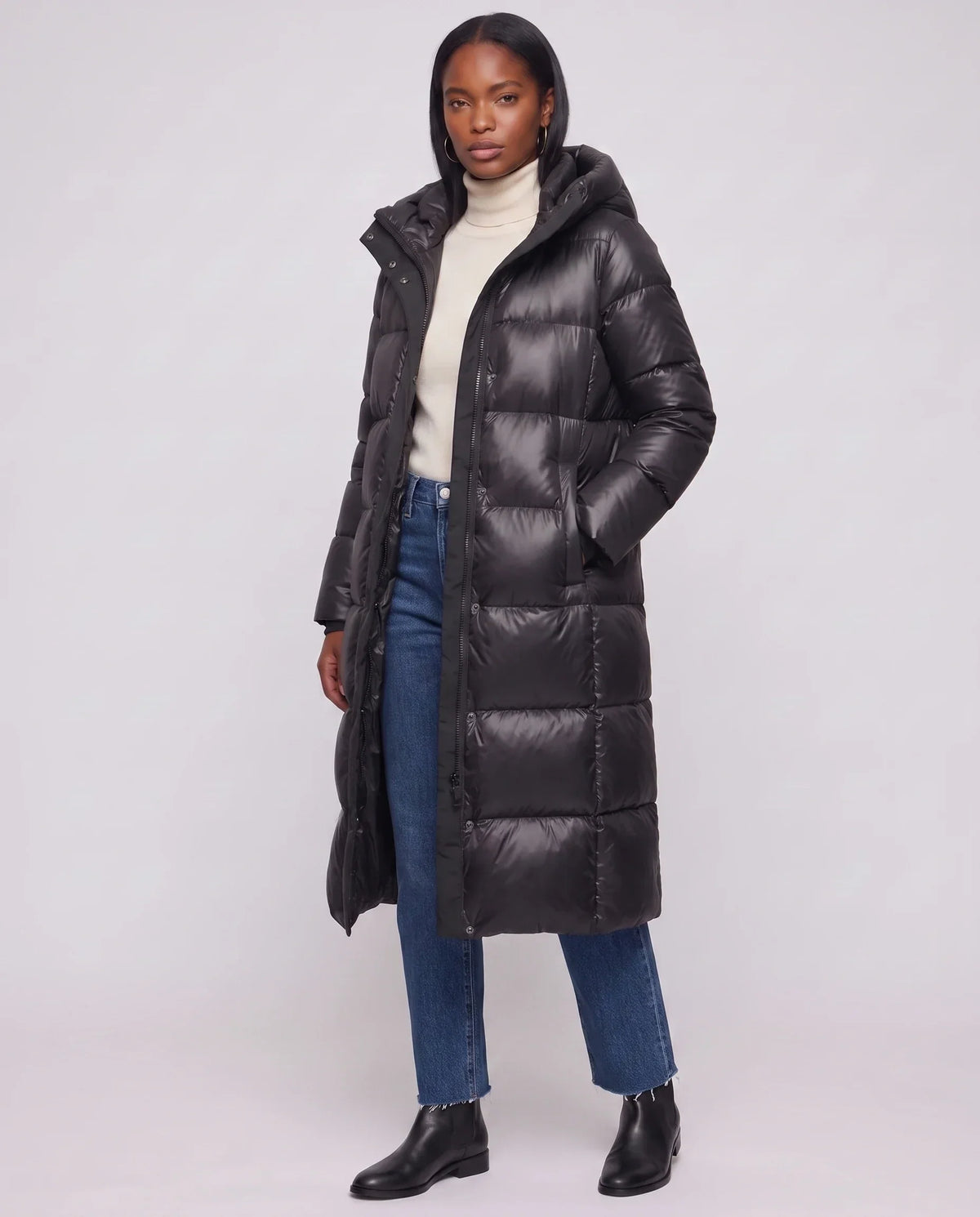 Extra-Long Shiny Hooded Puffer Jacket