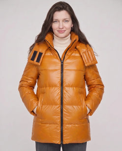 Long Shiny Puffer Jacket with Shoulder Tabs