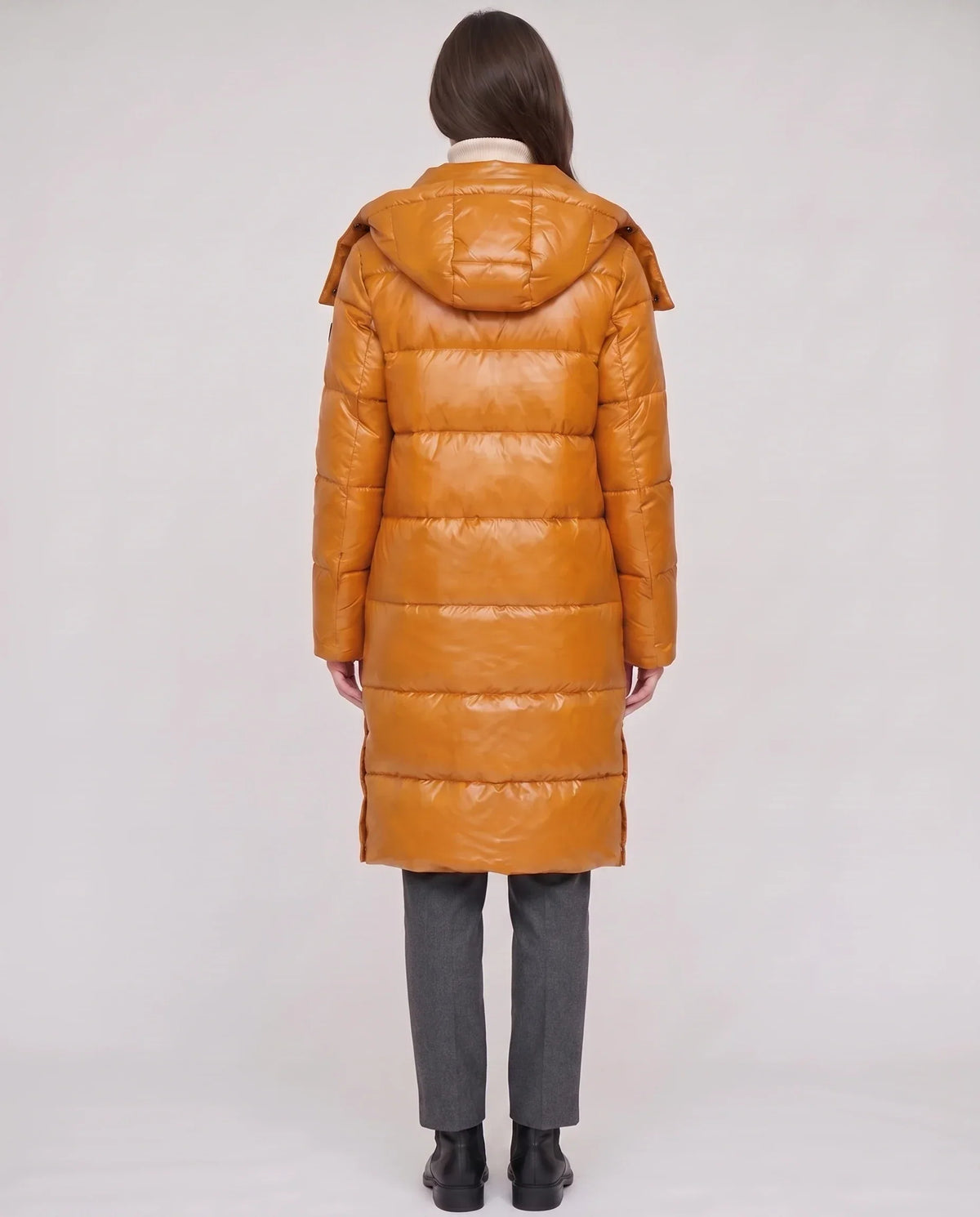 Long Shiny Puffer Jacket with Shoulder Tabs