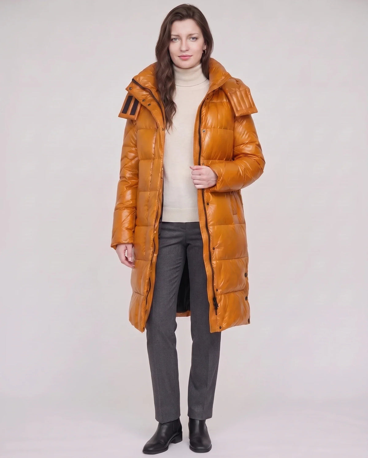 Long Shiny Puffer Jacket with Shoulder Tabs