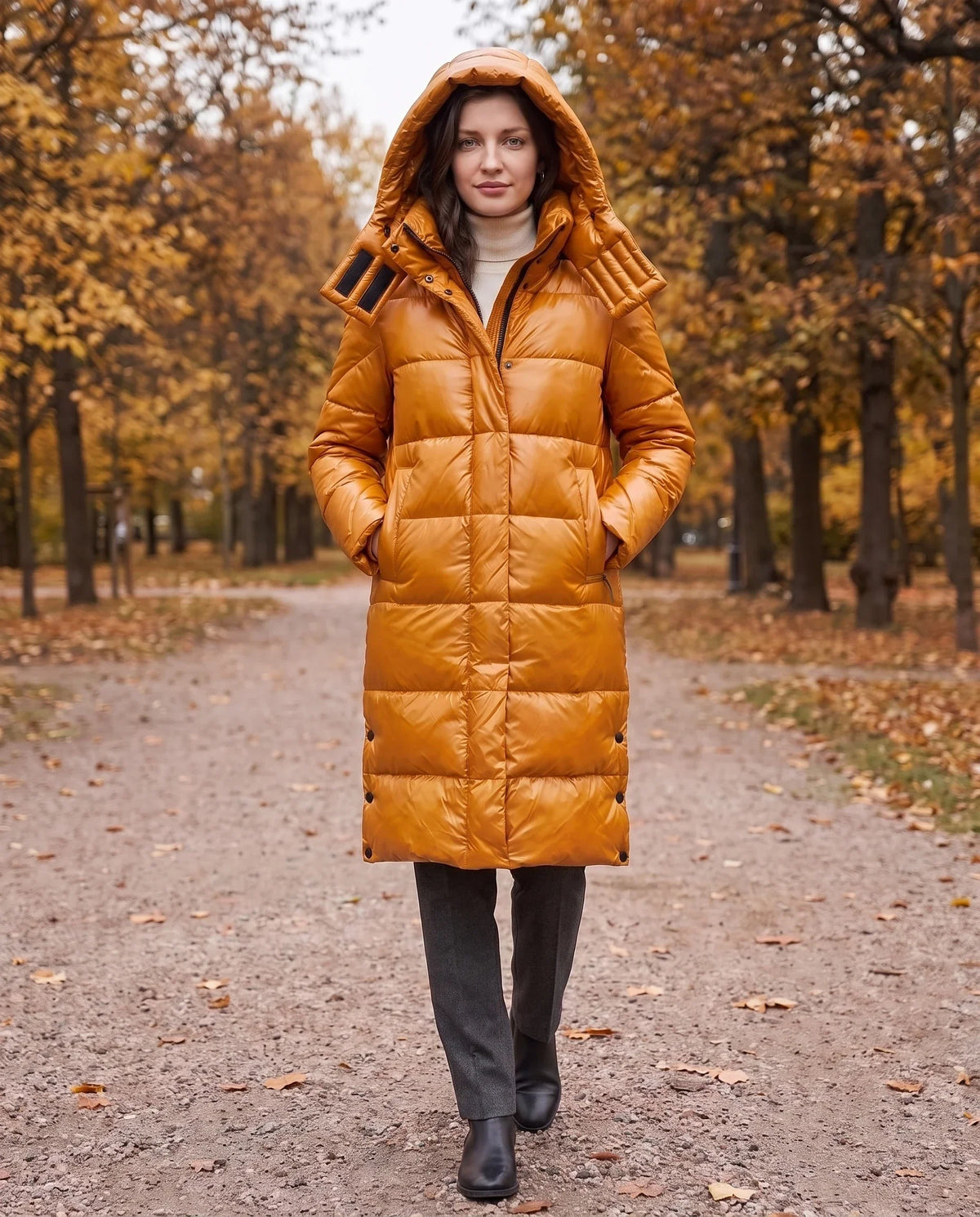 Long Shiny Puffer Jacket with Shoulder Tabs