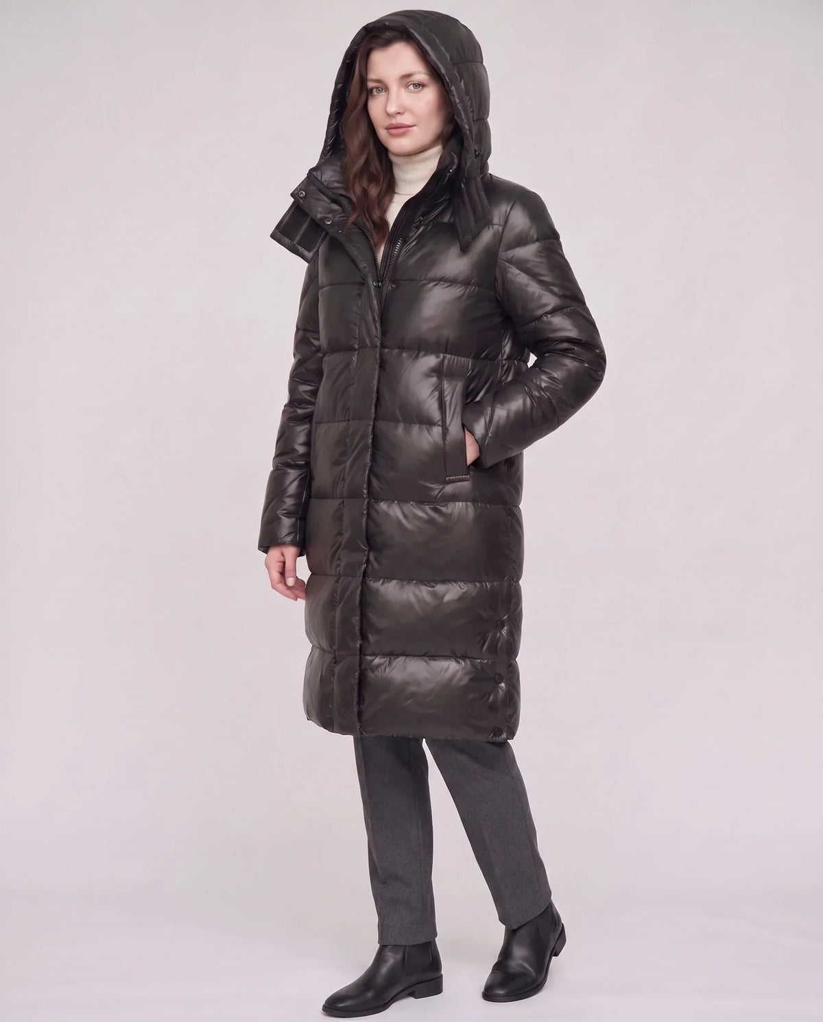 Long Shiny Puffer Jacket with Shoulder Tabs