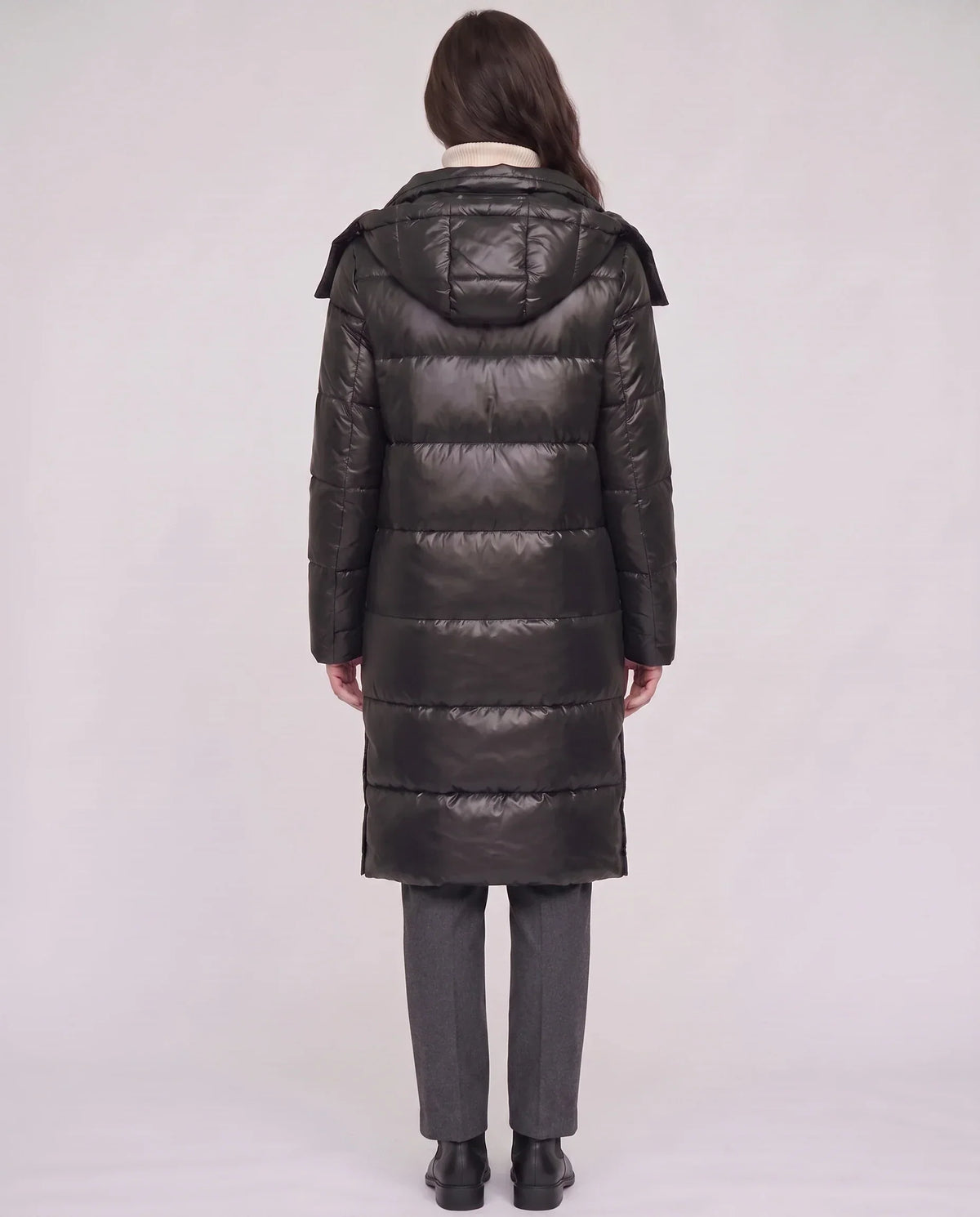 Long Shiny Puffer Jacket with Shoulder Tabs