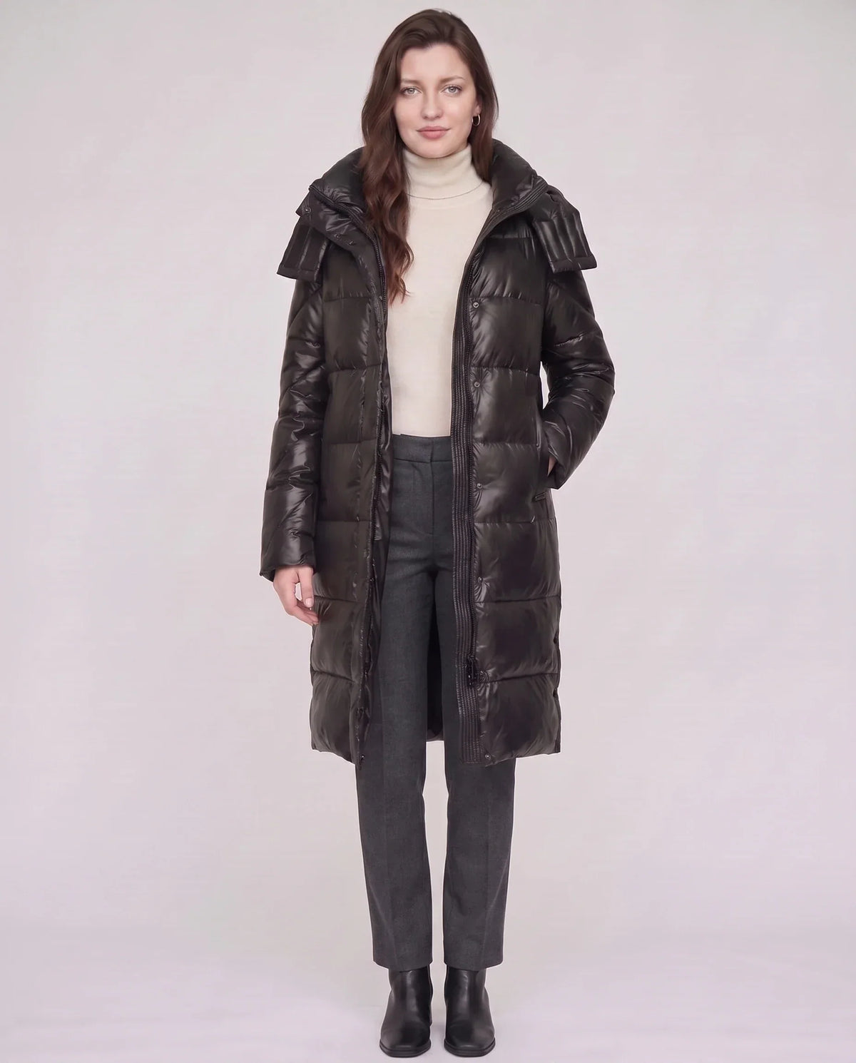 Long Shiny Puffer Jacket with Shoulder Tabs