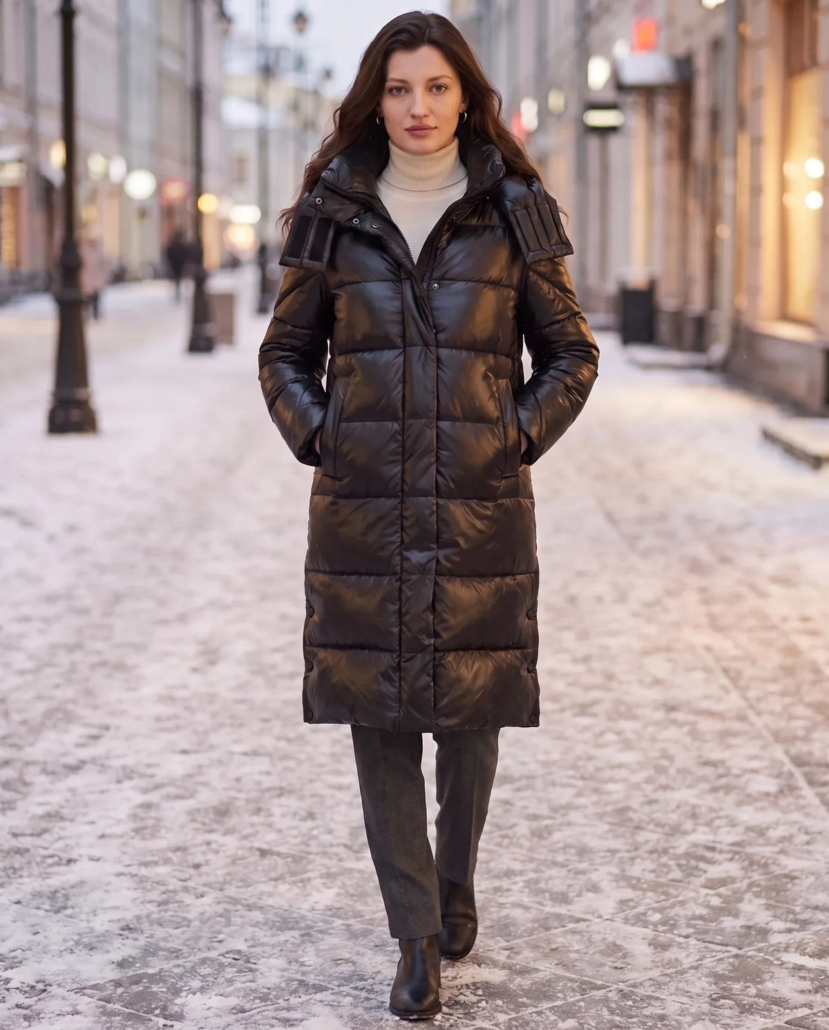 Long Shiny Puffer Jacket with Shoulder Tabs