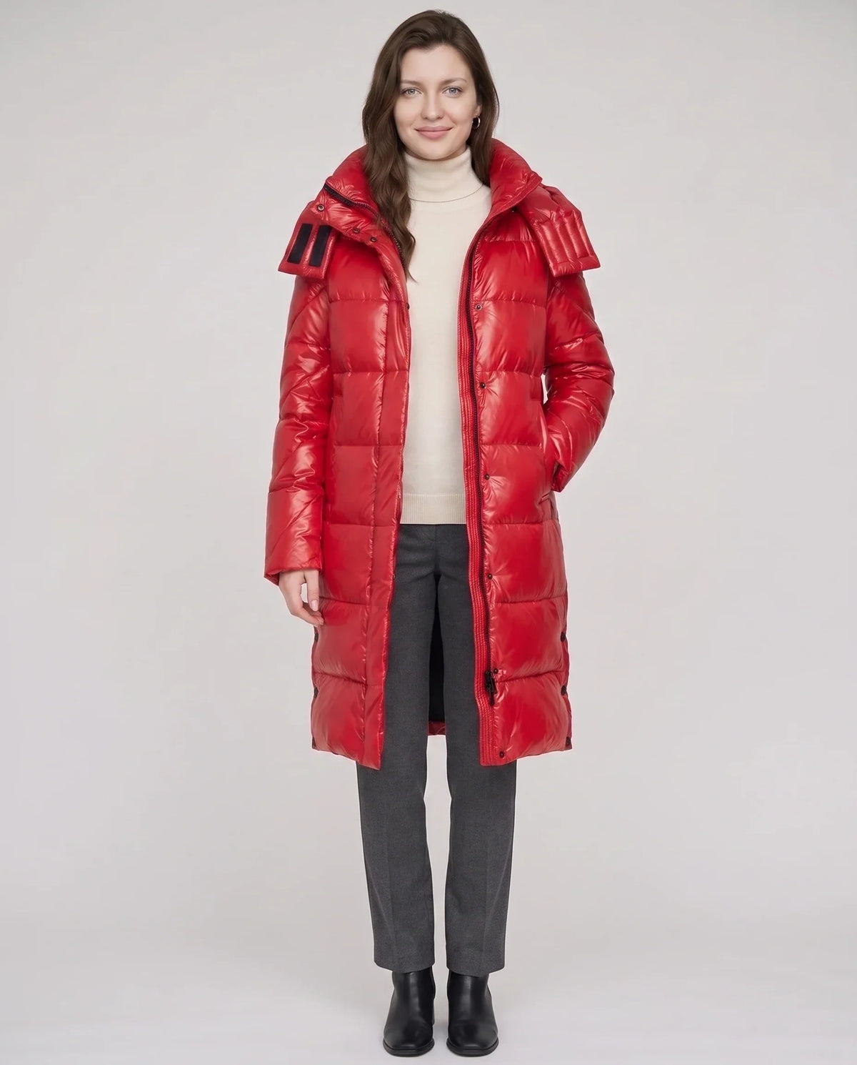 Long Shiny Puffer Jacket with Shoulder Tabs