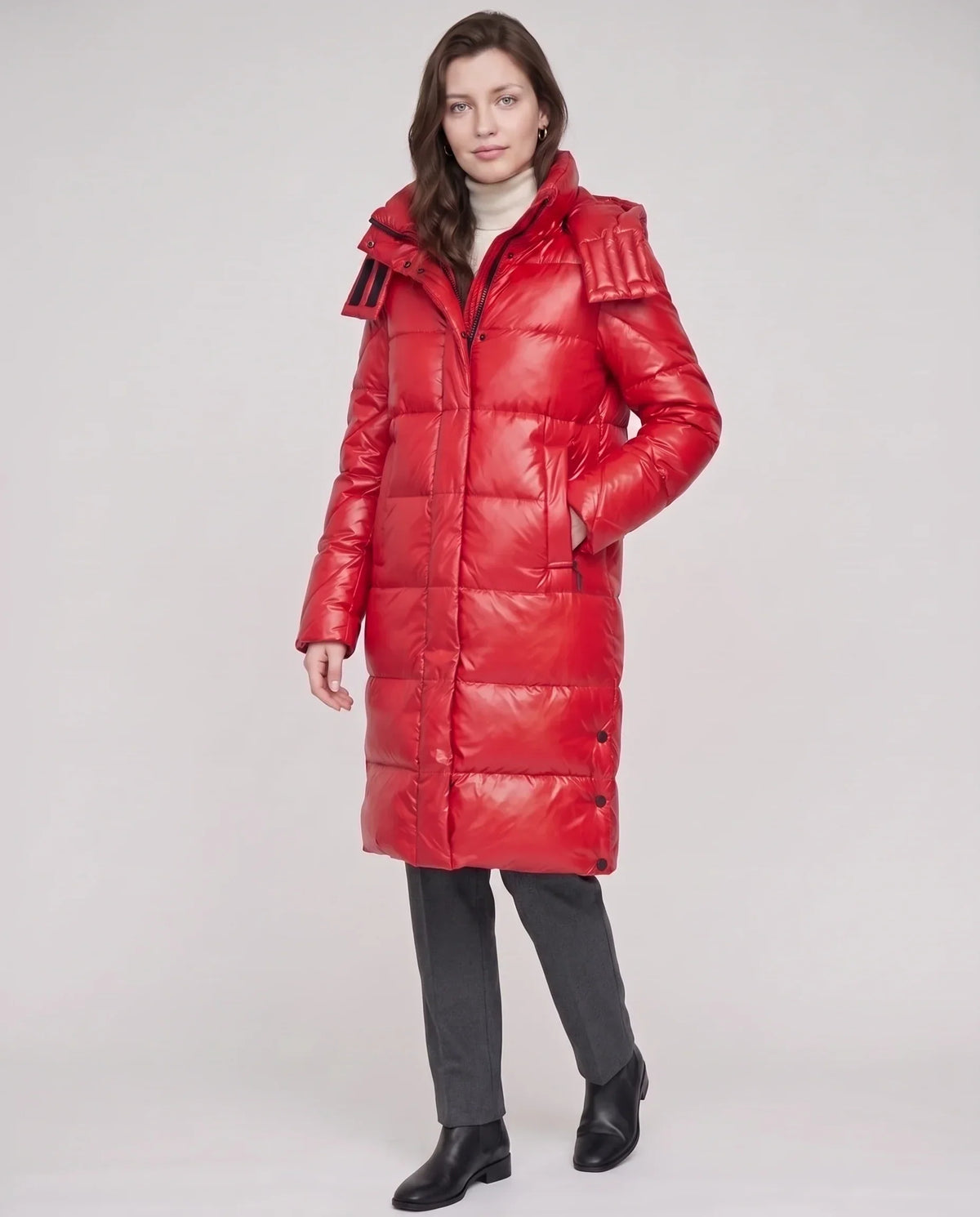 Long Shiny Puffer Jacket with Shoulder Tabs