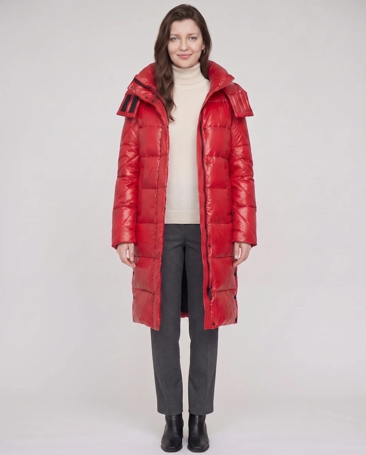 Long Shiny Puffer Jacket with Shoulder Tabs
