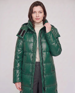 Long Shiny Puffer Jacket with Shoulder Tabs