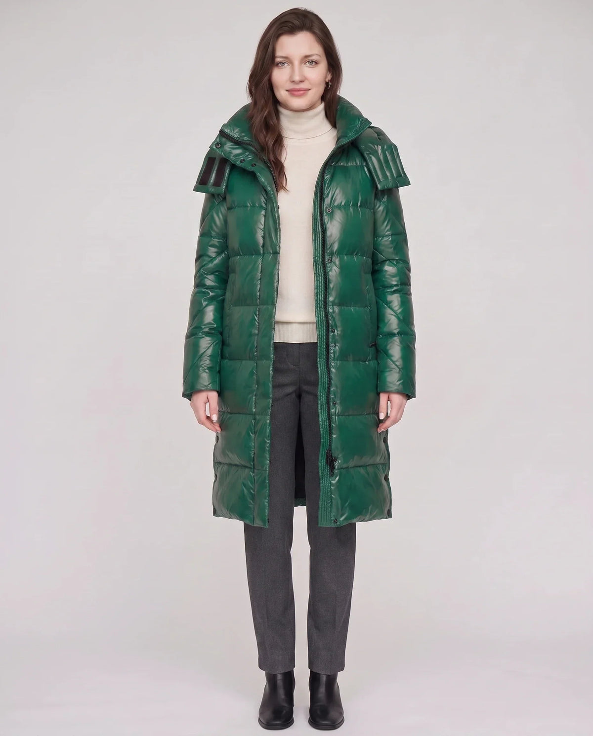 Long Shiny Puffer Jacket with Shoulder Tabs