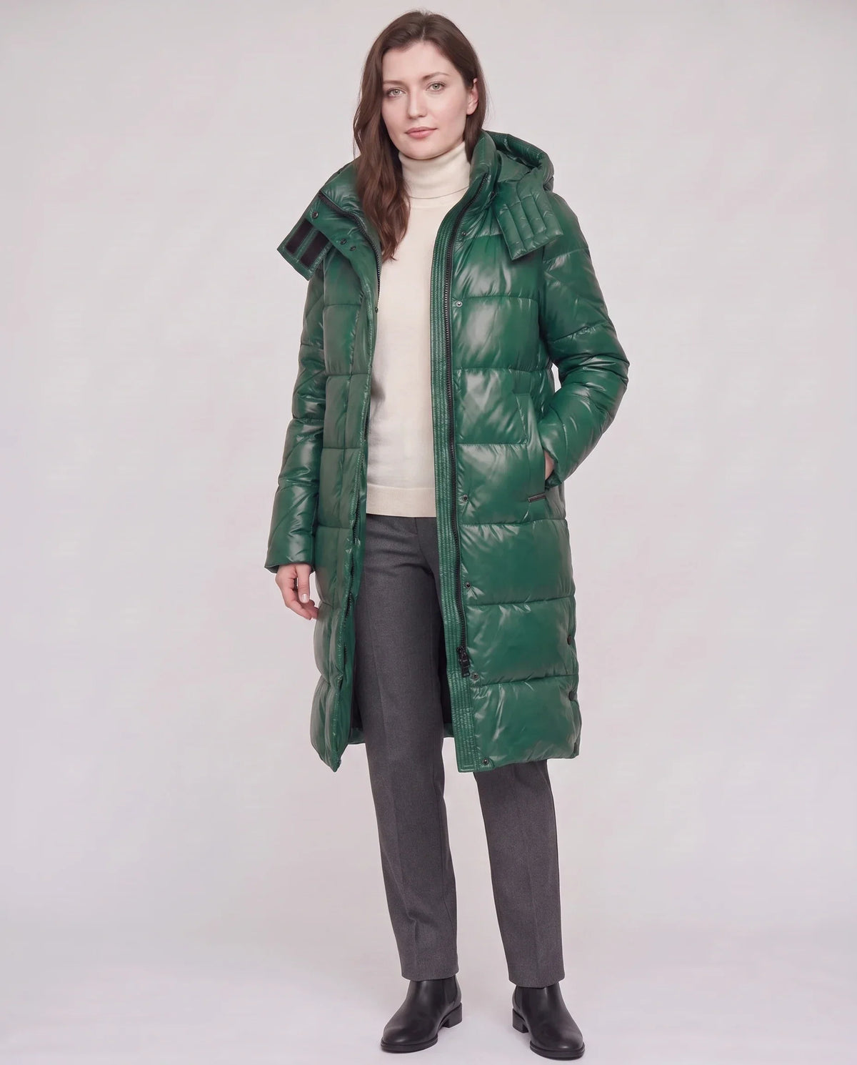 Long Shiny Puffer Jacket with Shoulder Tabs