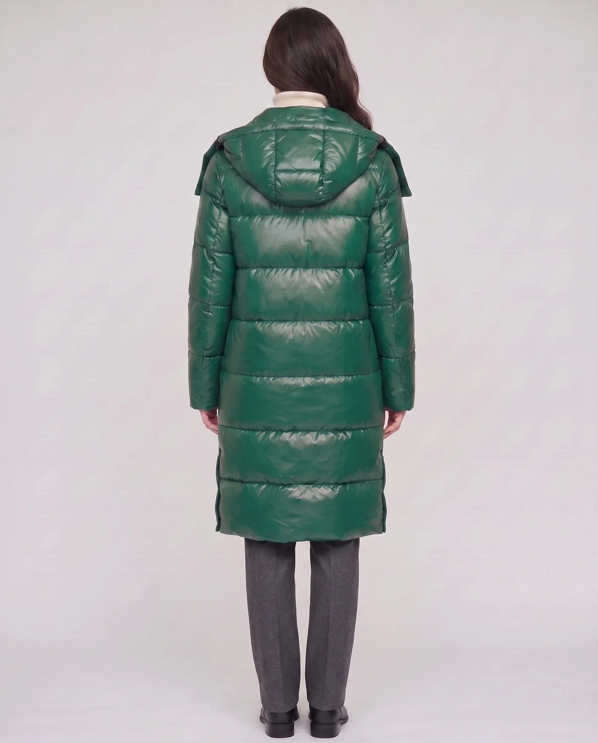 Long Shiny Puffer Jacket with Shoulder Tabs