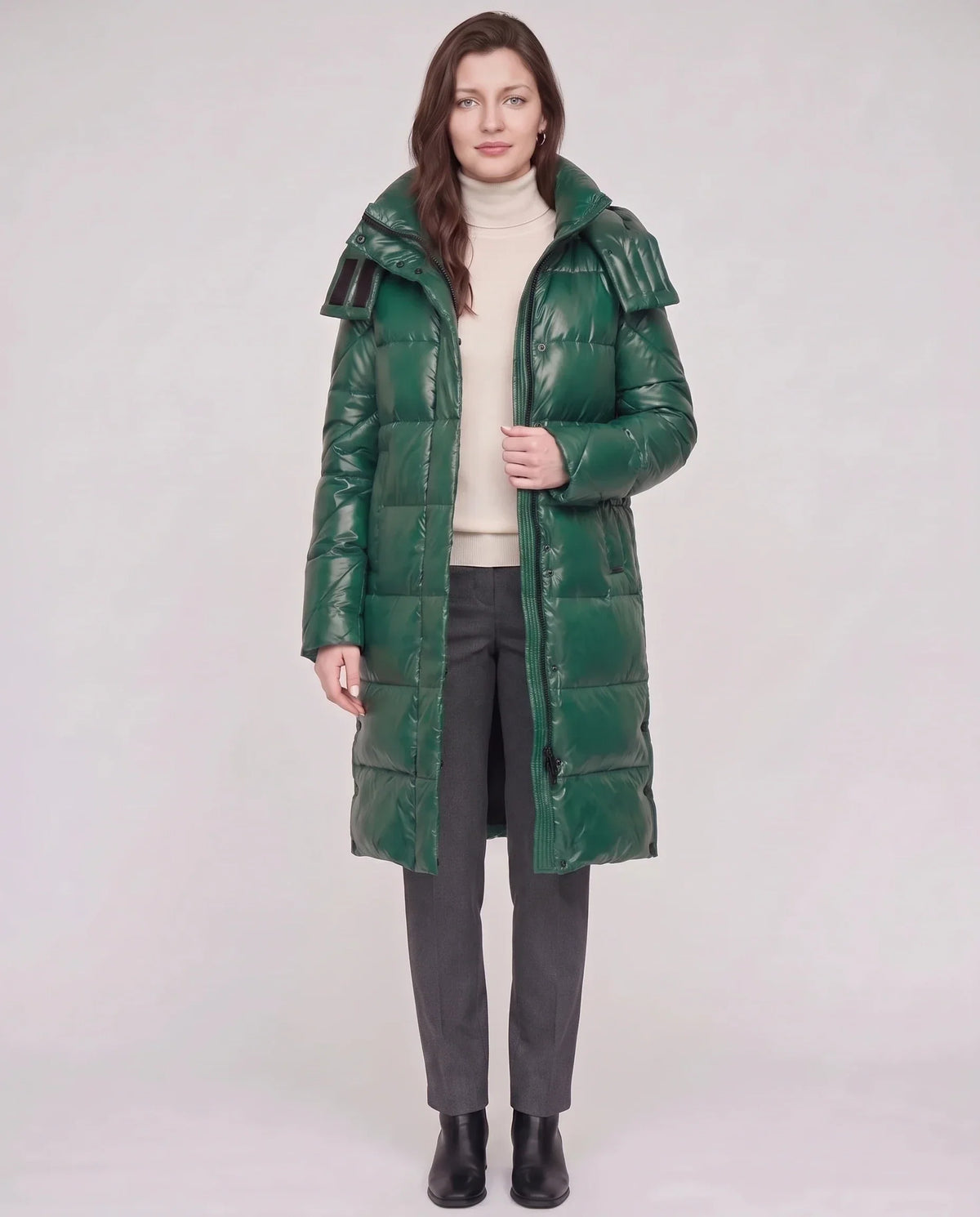 Long Shiny Puffer Jacket with Shoulder Tabs