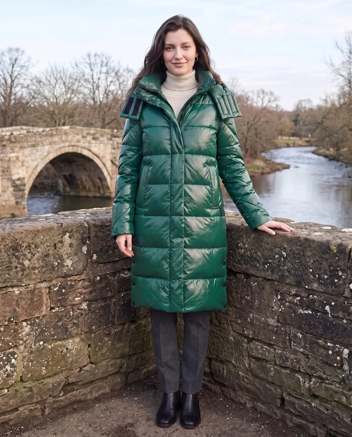 Long Shiny Puffer Jacket with Shoulder Tabs