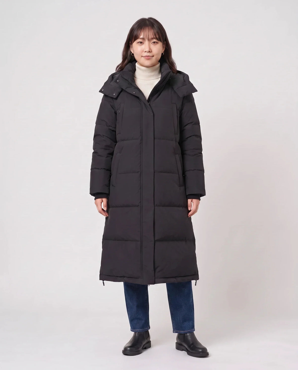 Long Black Puffer Jacket with Detachable Hood