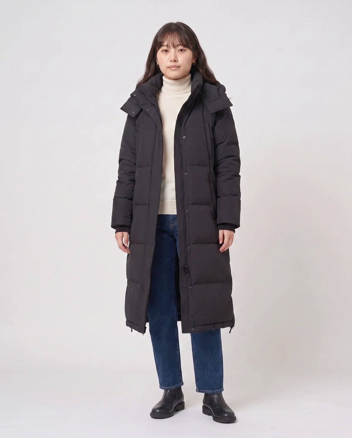Long Black Puffer Jacket with Detachable Hood