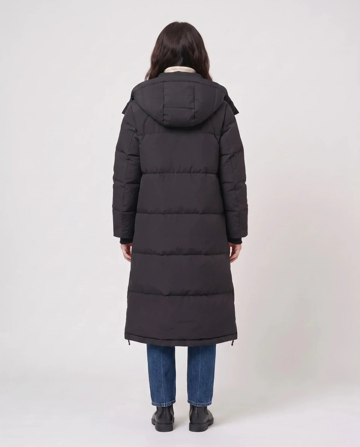 Long Black Puffer Jacket with Detachable Hood