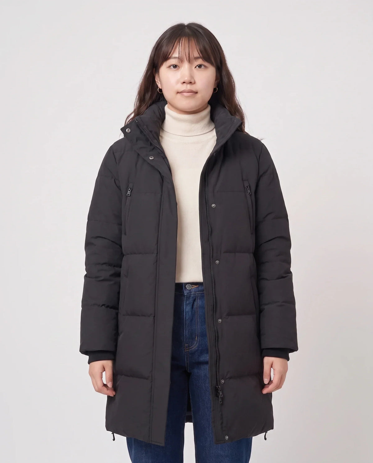 Long Black Puffer Jacket with Detachable Hood