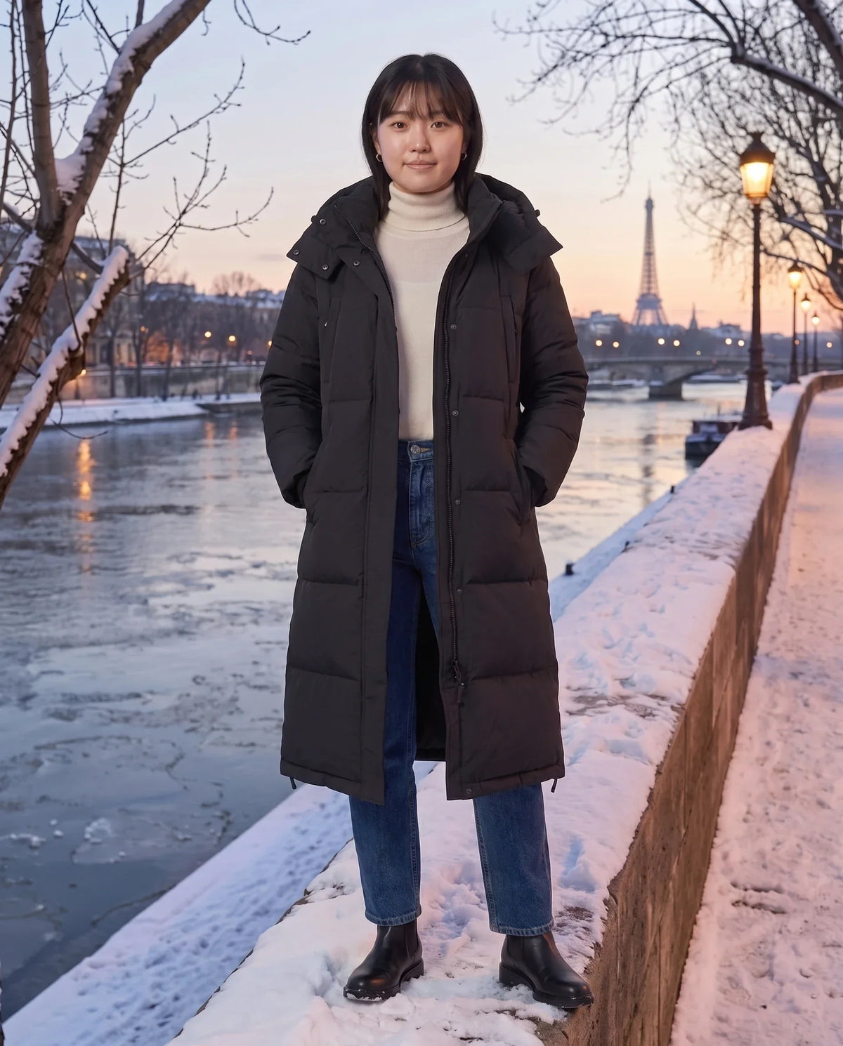 Long Black Puffer Jacket with Detachable Hood