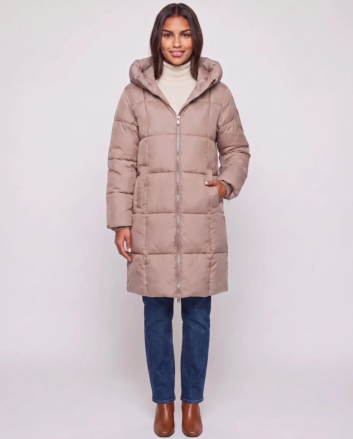 Long Hooded Puffer Jacket with Square Quilting