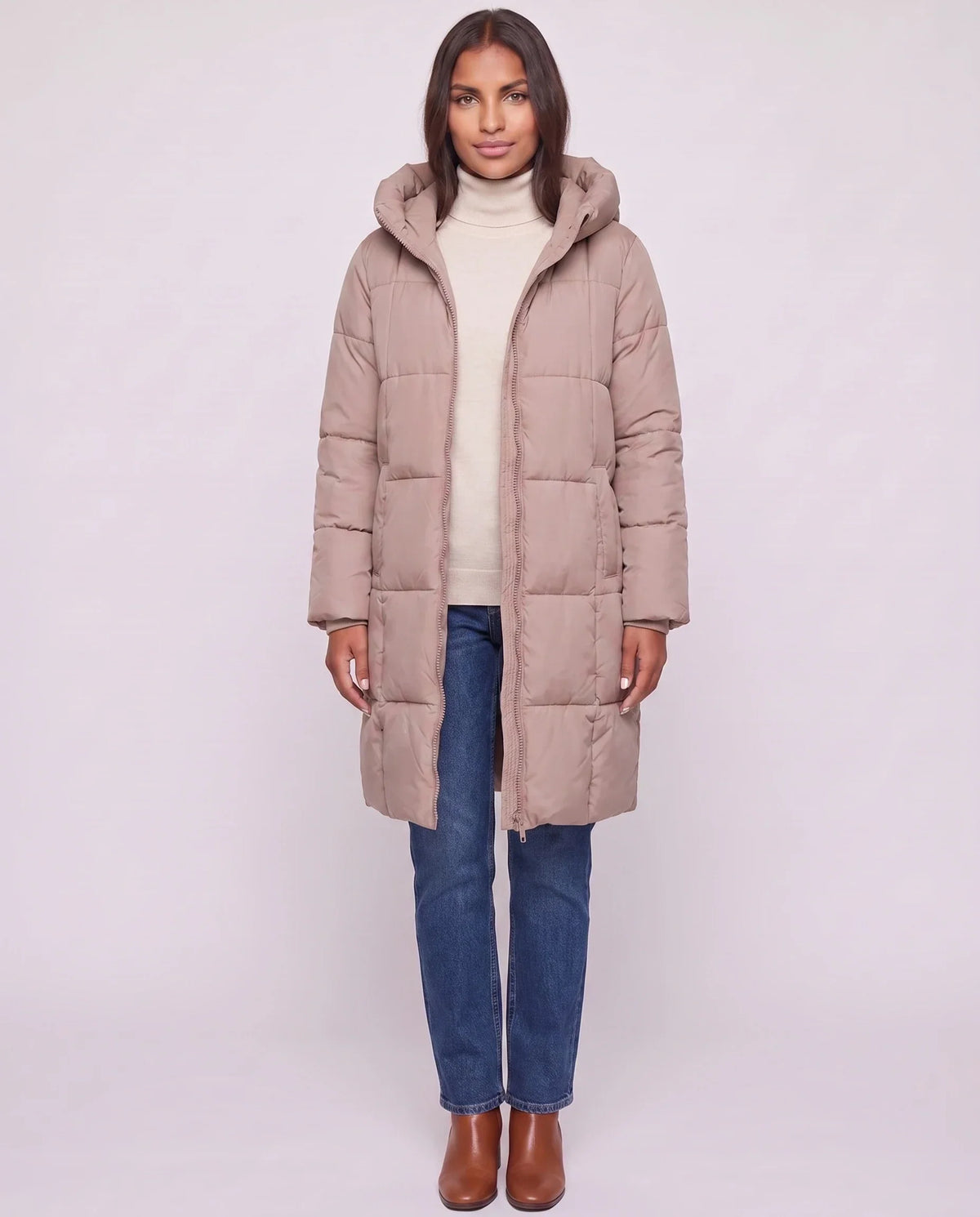 Long Hooded Puffer Jacket with Square Quilting