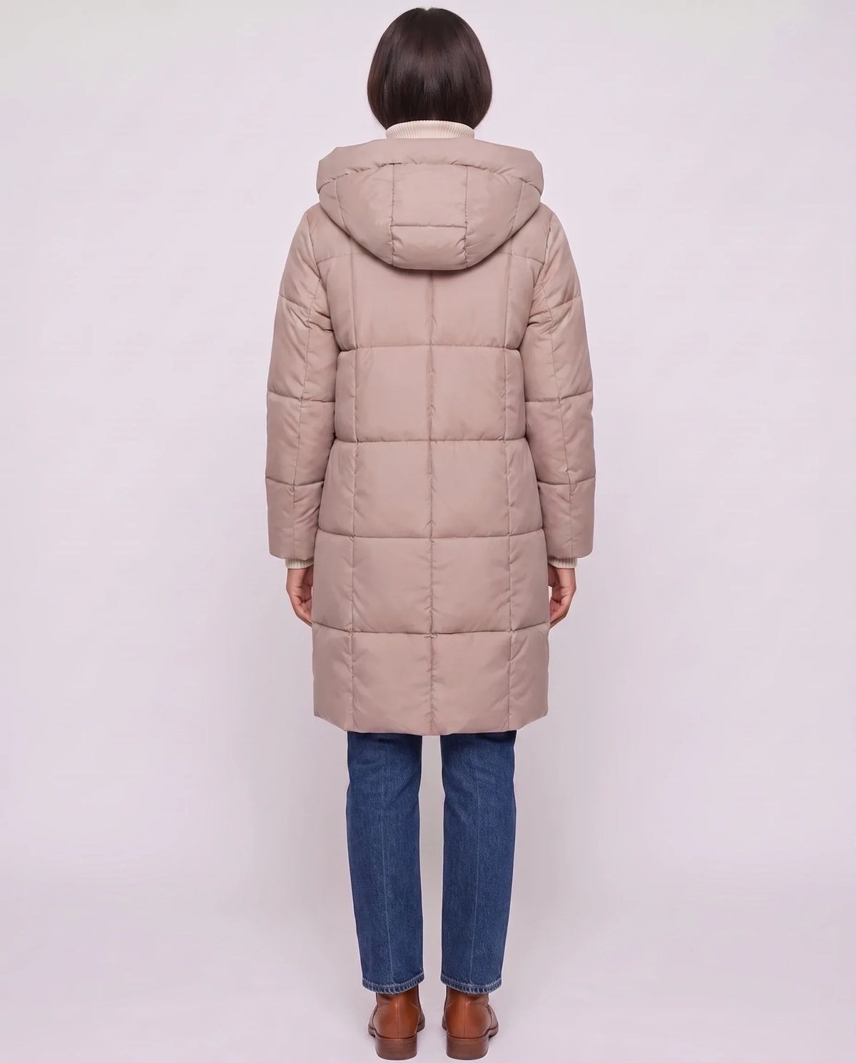 Long Hooded Puffer Jacket with Square Quilting