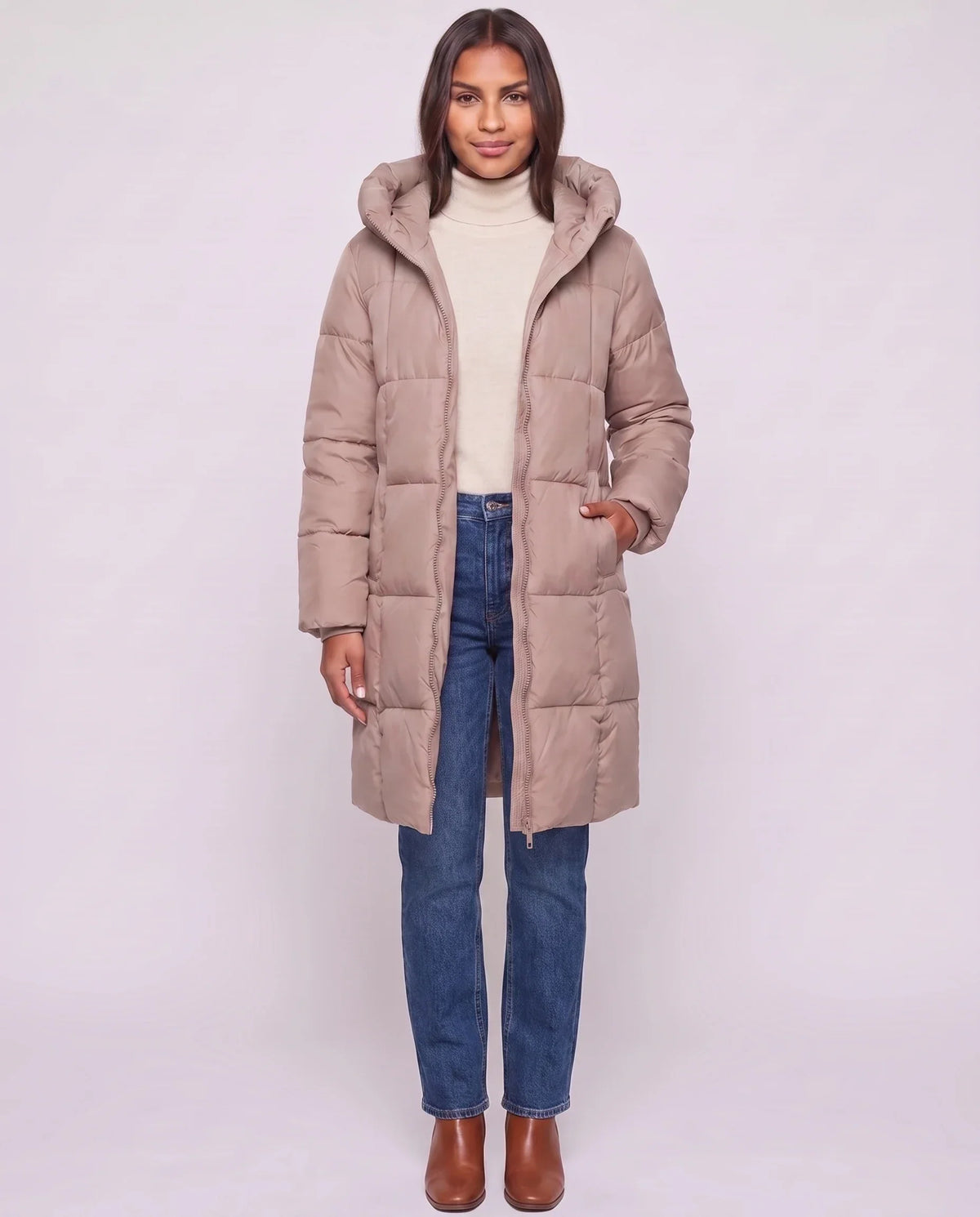 Long Hooded Puffer Jacket with Square Quilting