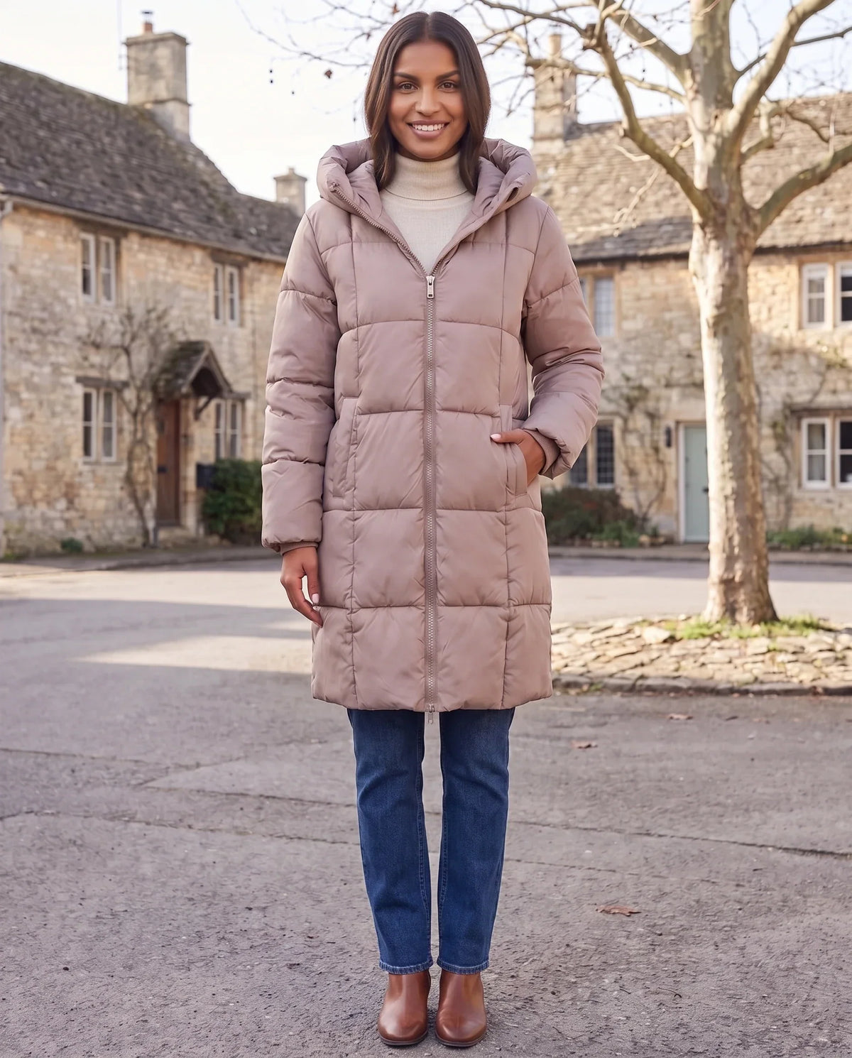 Long Hooded Puffer Jacket with Square Quilting
