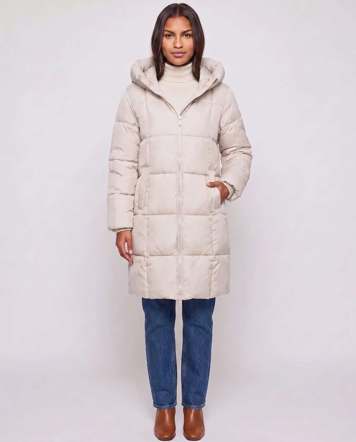 Long Hooded Puffer Jacket with Square Quilting