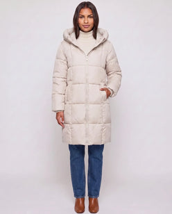 Long Hooded Puffer Jacket with Square Quilting