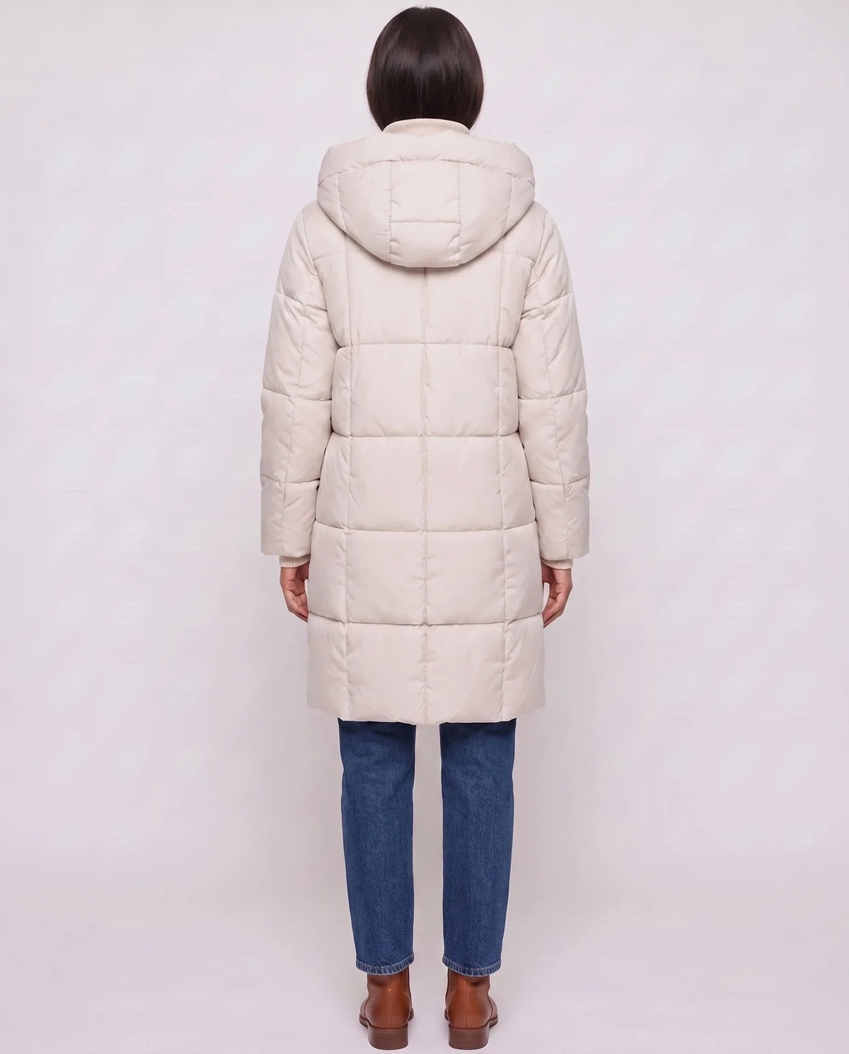 Long Hooded Puffer Jacket with Square Quilting