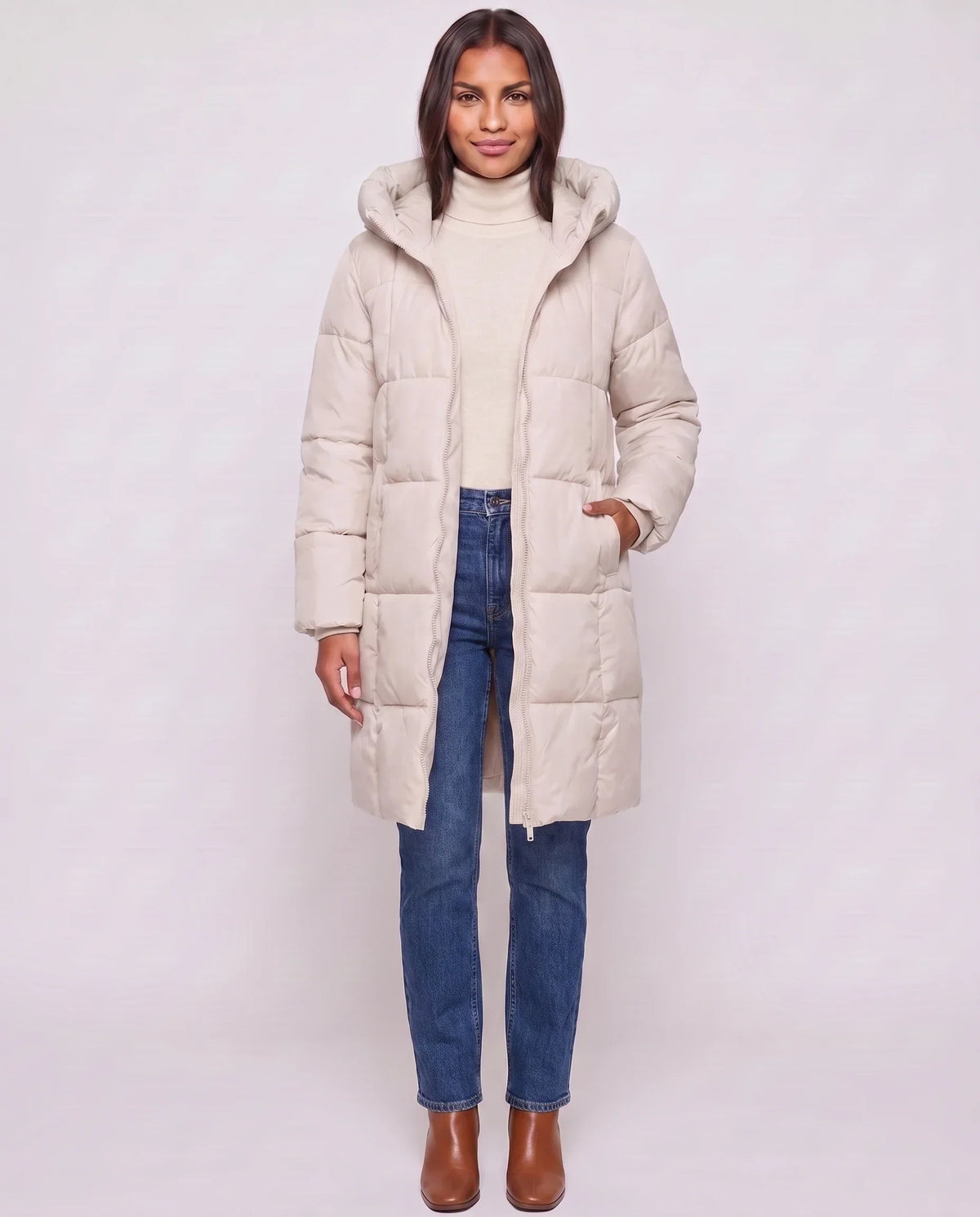 Long Hooded Puffer Jacket with Square Quilting