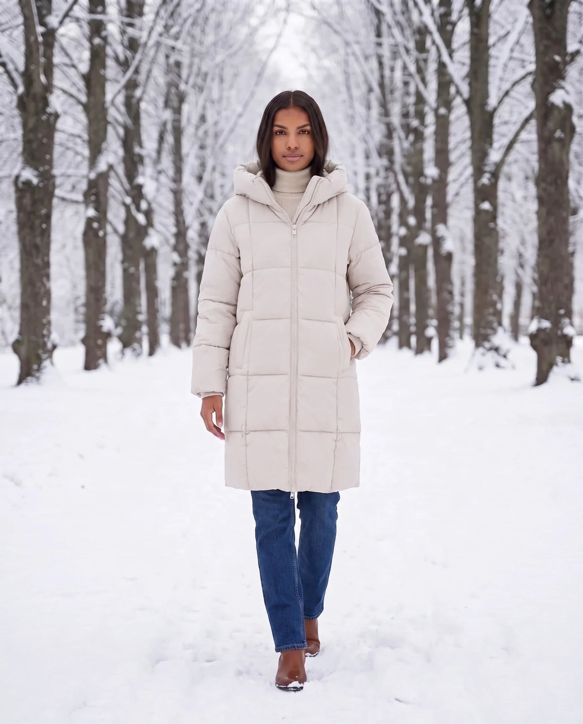 Long Hooded Puffer Jacket with Square Quilting