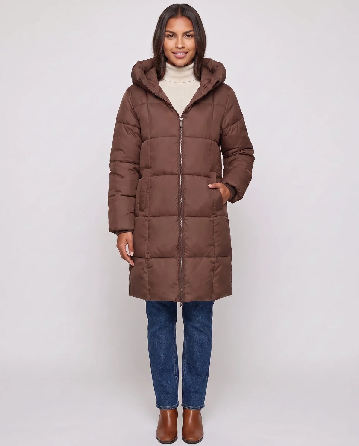 Long Hooded Puffer Jacket with Square Quilting