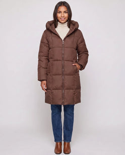 Long Hooded Puffer Jacket with Square Quilting