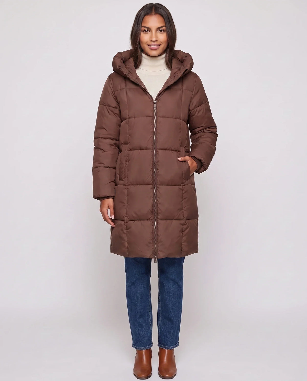 Long Hooded Puffer Jacket with Square Quilting