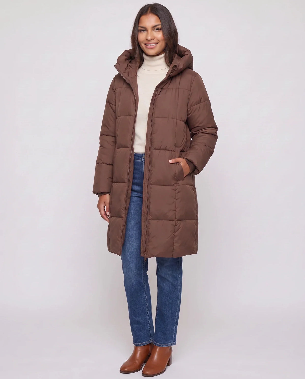 Long Hooded Puffer Jacket with Square Quilting