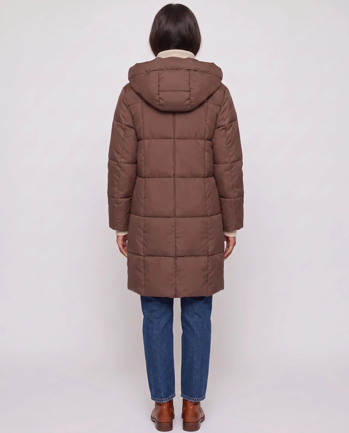 Long Hooded Puffer Jacket with Square Quilting